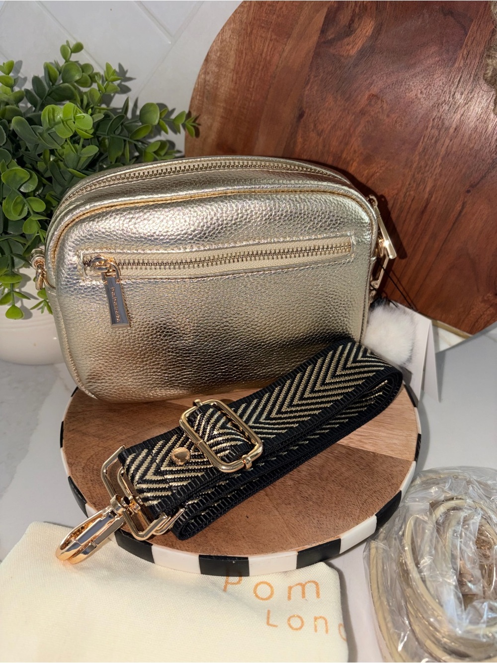 Pom Pom London metallic gold original Crossbody Bag purse bundle NWT - Picture 6 of 7